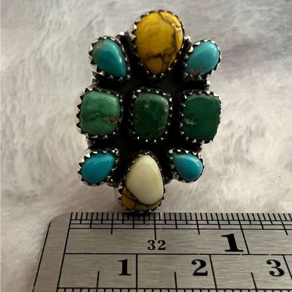 ❤️ Kingman Honey Dahlia Emerald Valley Turquoise Cluster 925 Navajo Ring Sz8 Adj - Picture 3 of 13
